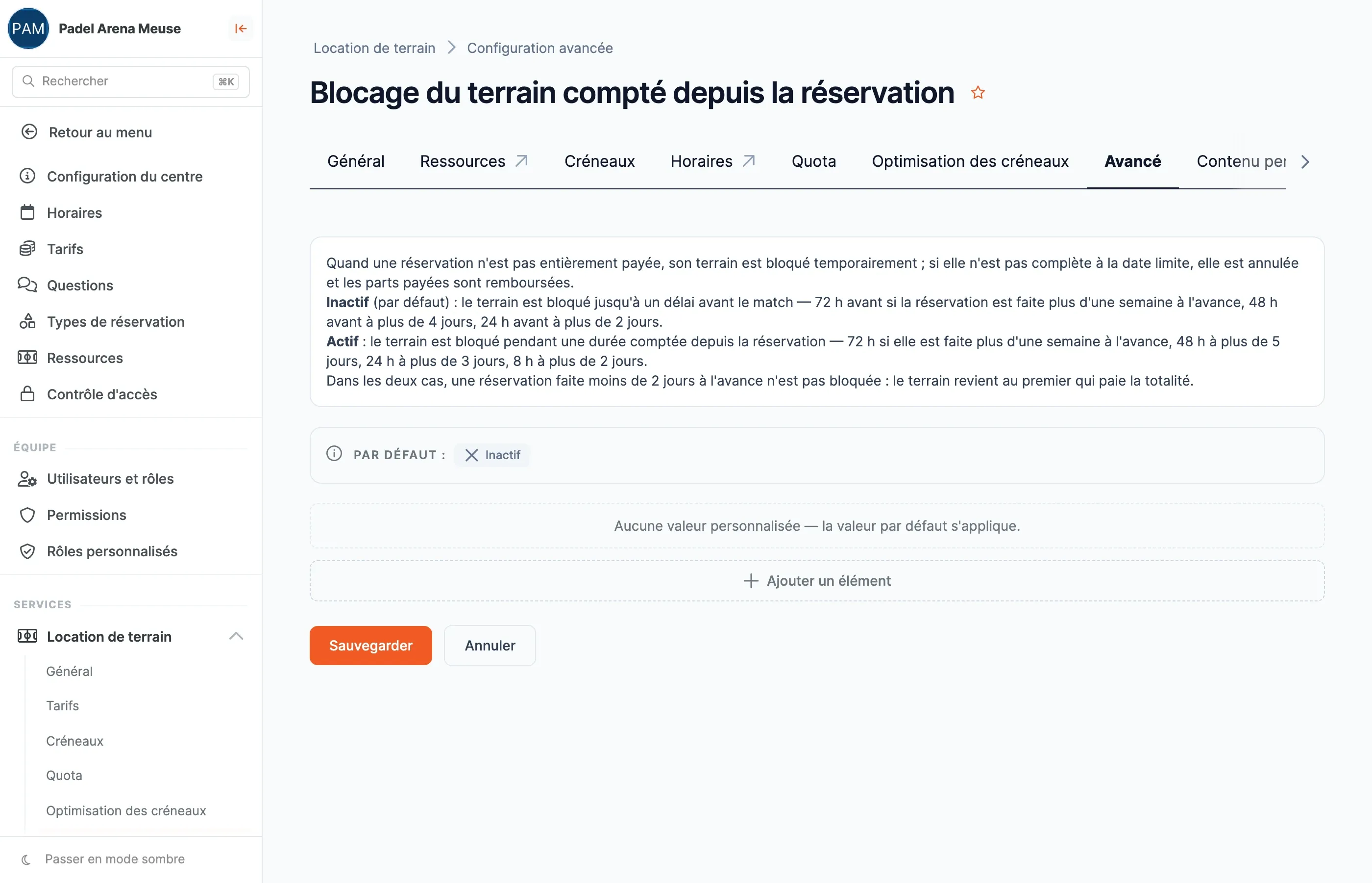 Page de réglage « Blocage du terrain compté depuis la réservation » avec l'explication des deux règles et le bouton Sauvegarder