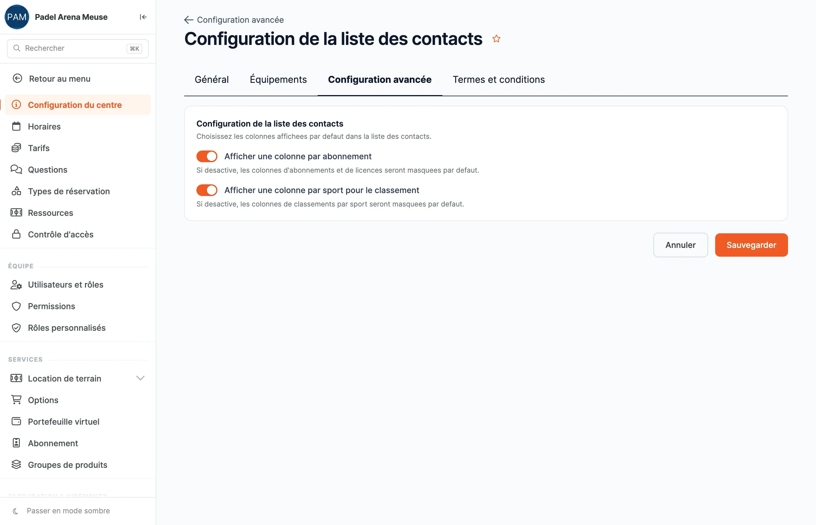 La page de configuration de la liste des contacts