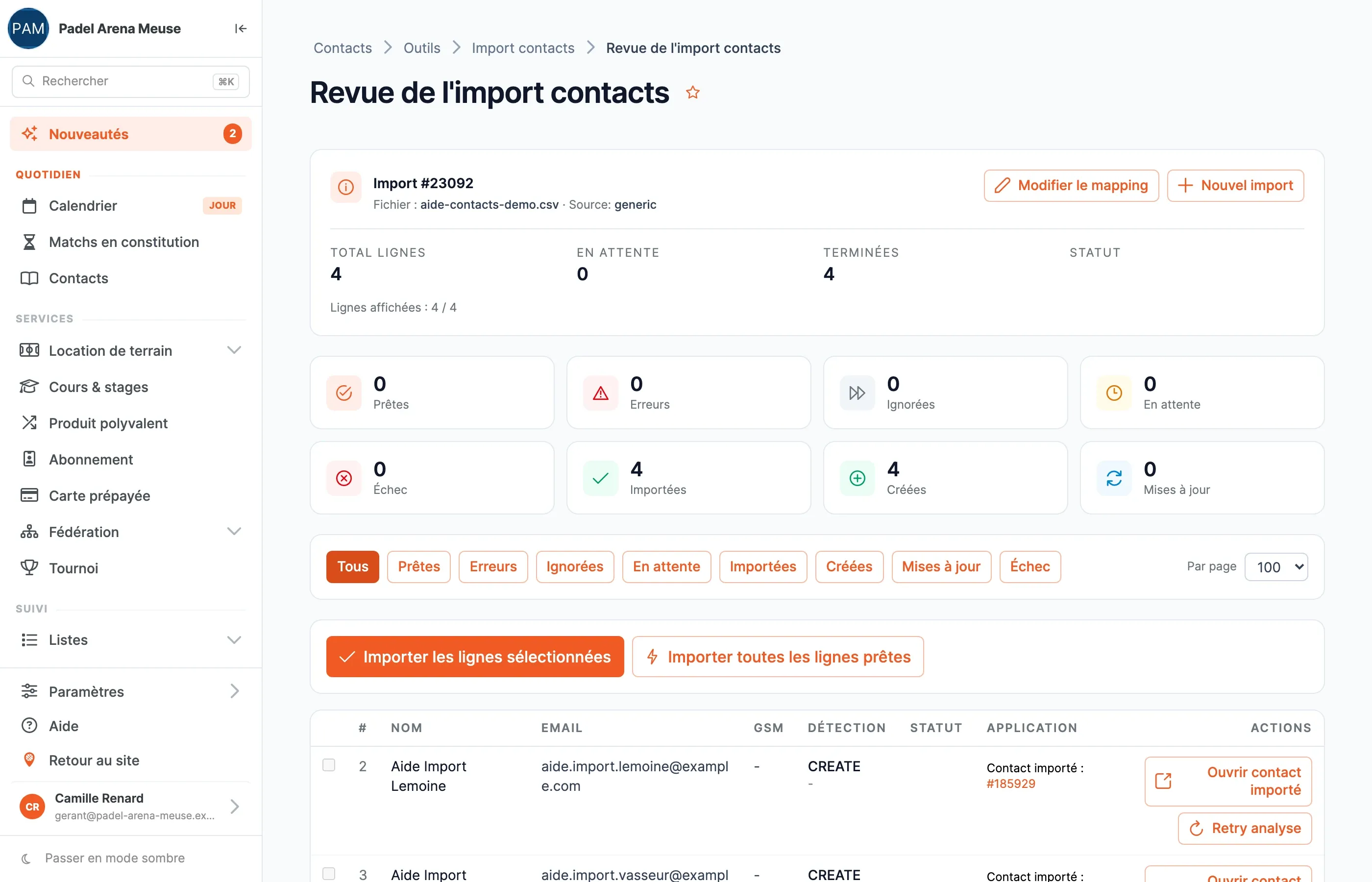 La revue après import : compteurs Importées et Créées à 4, chaque ligne mène à la fiche importée
