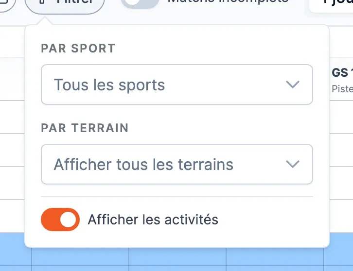 Fenêtre Filtrer : filtres par sport et par terrain, case Afficher les activités
