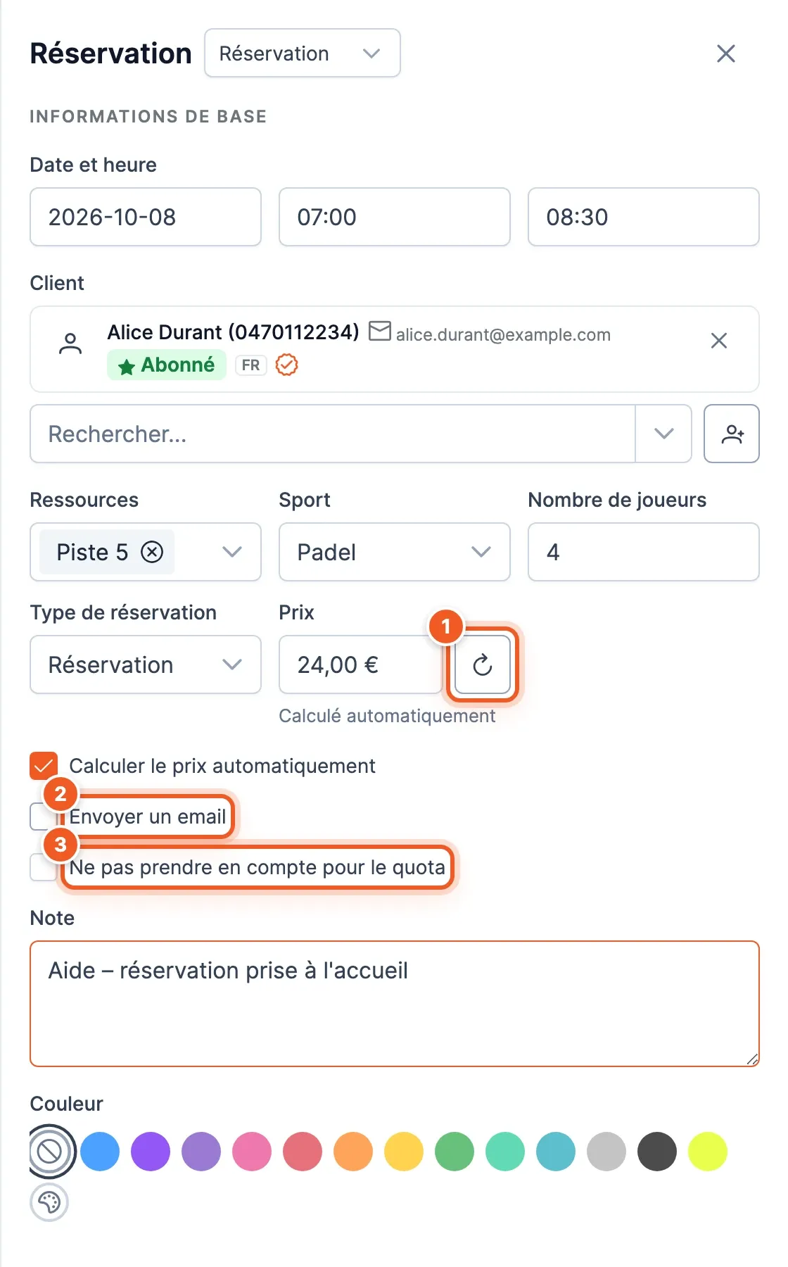 Panneau rempli : bouton de recalcul du prix (1), Envoyer un email (2), Ne pas prendre en compte pour le quota (3)