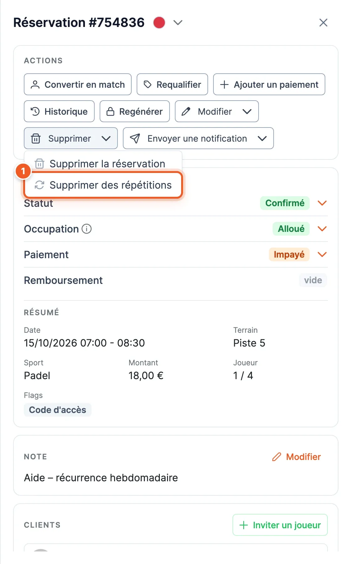Liste Supprimer dépliée dans le panneau : Supprimer la réservation et Supprimer des répétitions