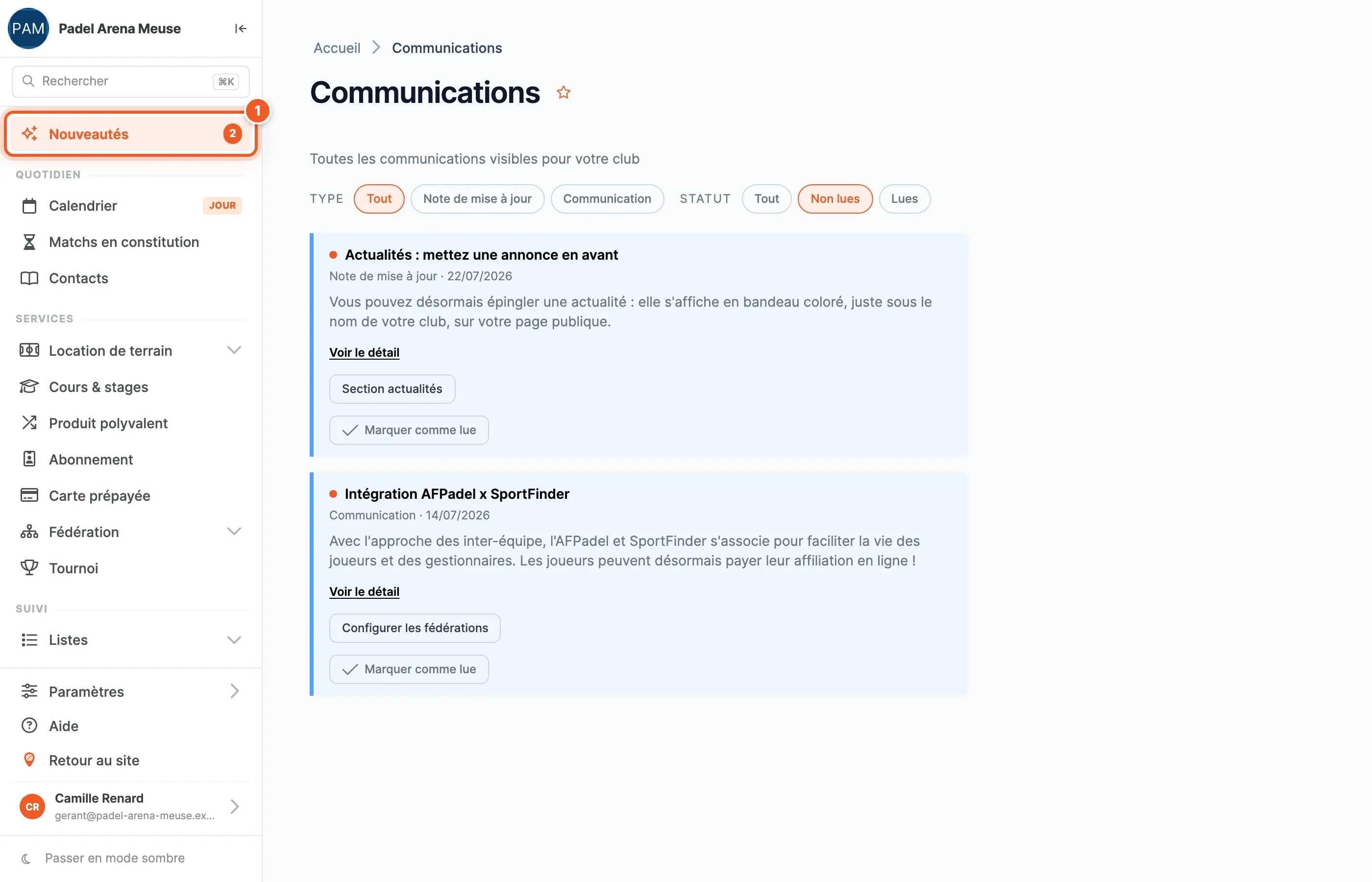 Page Communications filtrée sur les non lues, l'entrée Nouveautés du menu numérotée 1