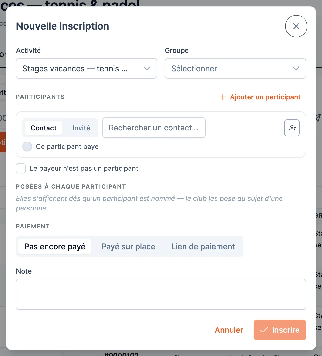La fenêtre Nouvelle inscription : activité, groupe, participants, questions, paiement et note