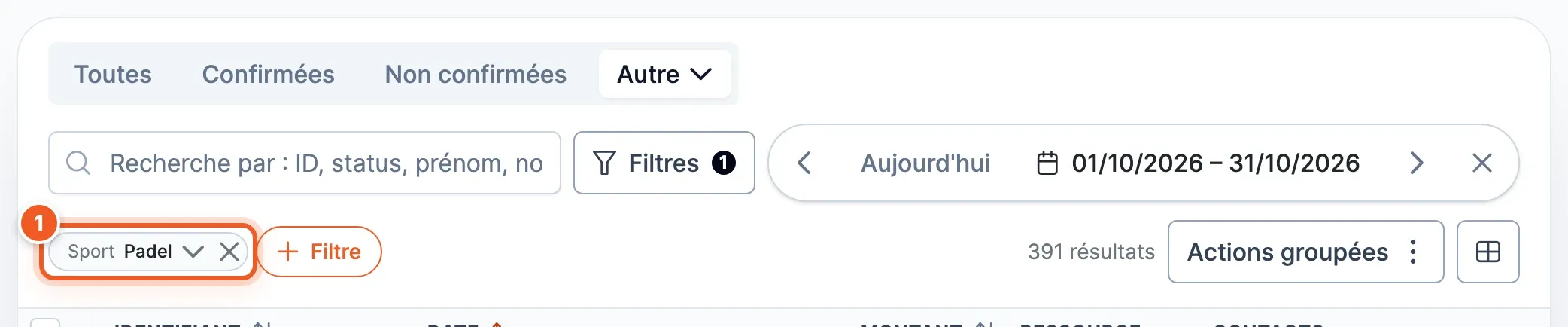 La pastille « Sport : Padel » (1) ajoutée sous la recherche : la liste ne montre plus que les ventes de padel