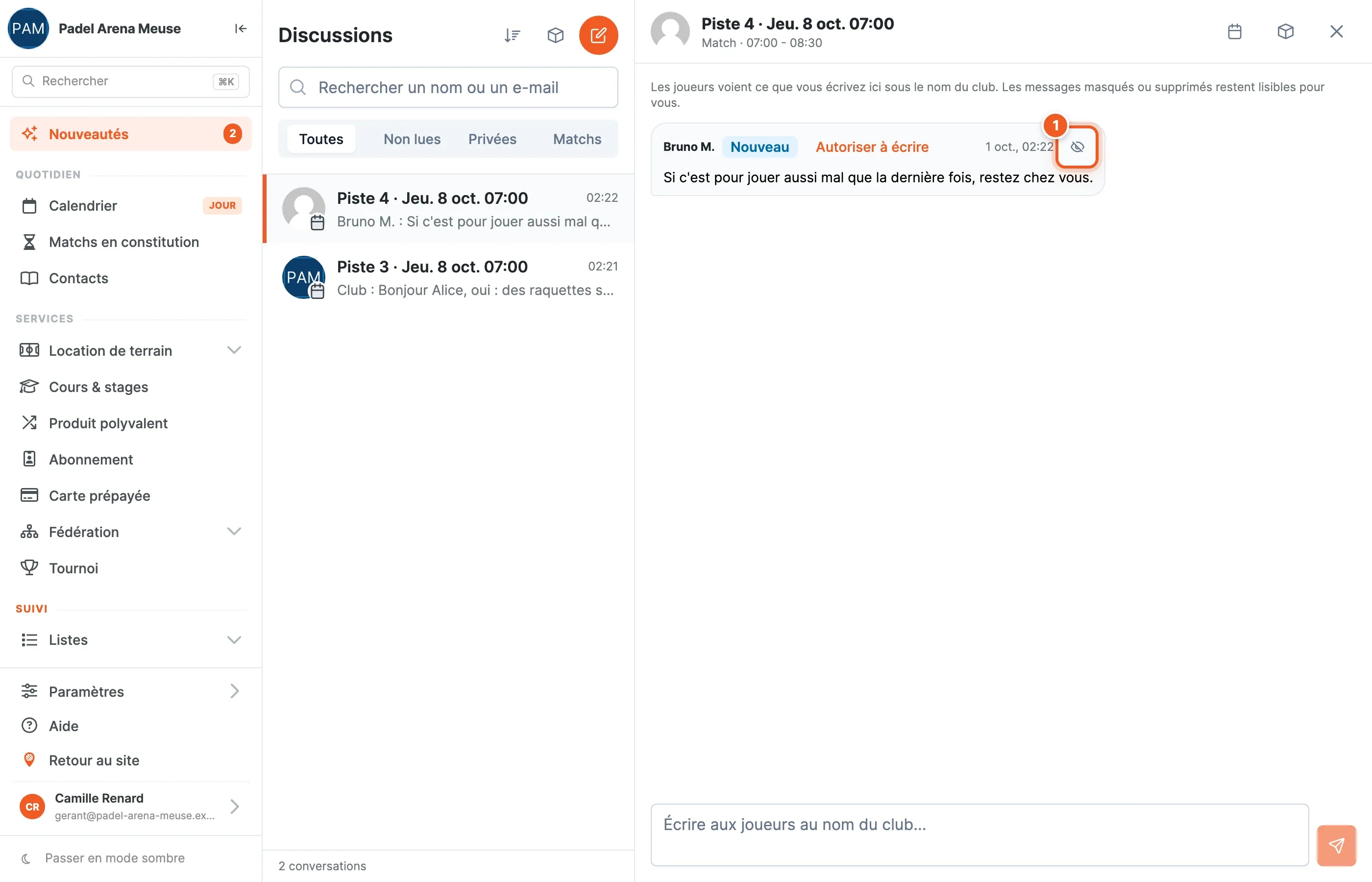 Conversation dans le back-office : l'icône œil barré qui masque le message, repérée par le chiffre 1