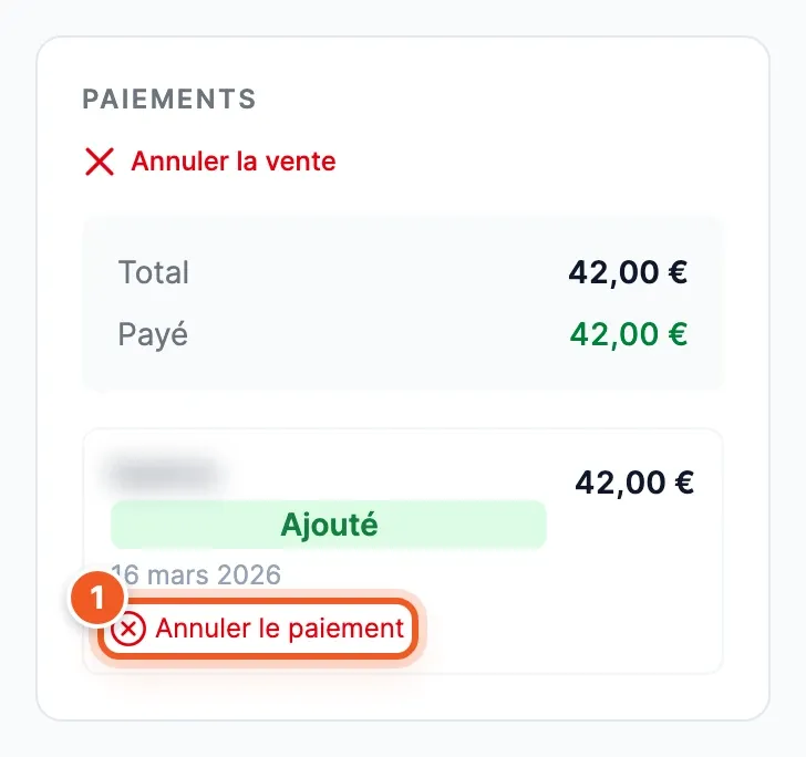 Section Paiements d'une fiche de vente : un paiement enregistré au comptoir, statut Ajouté, avec le lien « Annuler le paiement » (1)