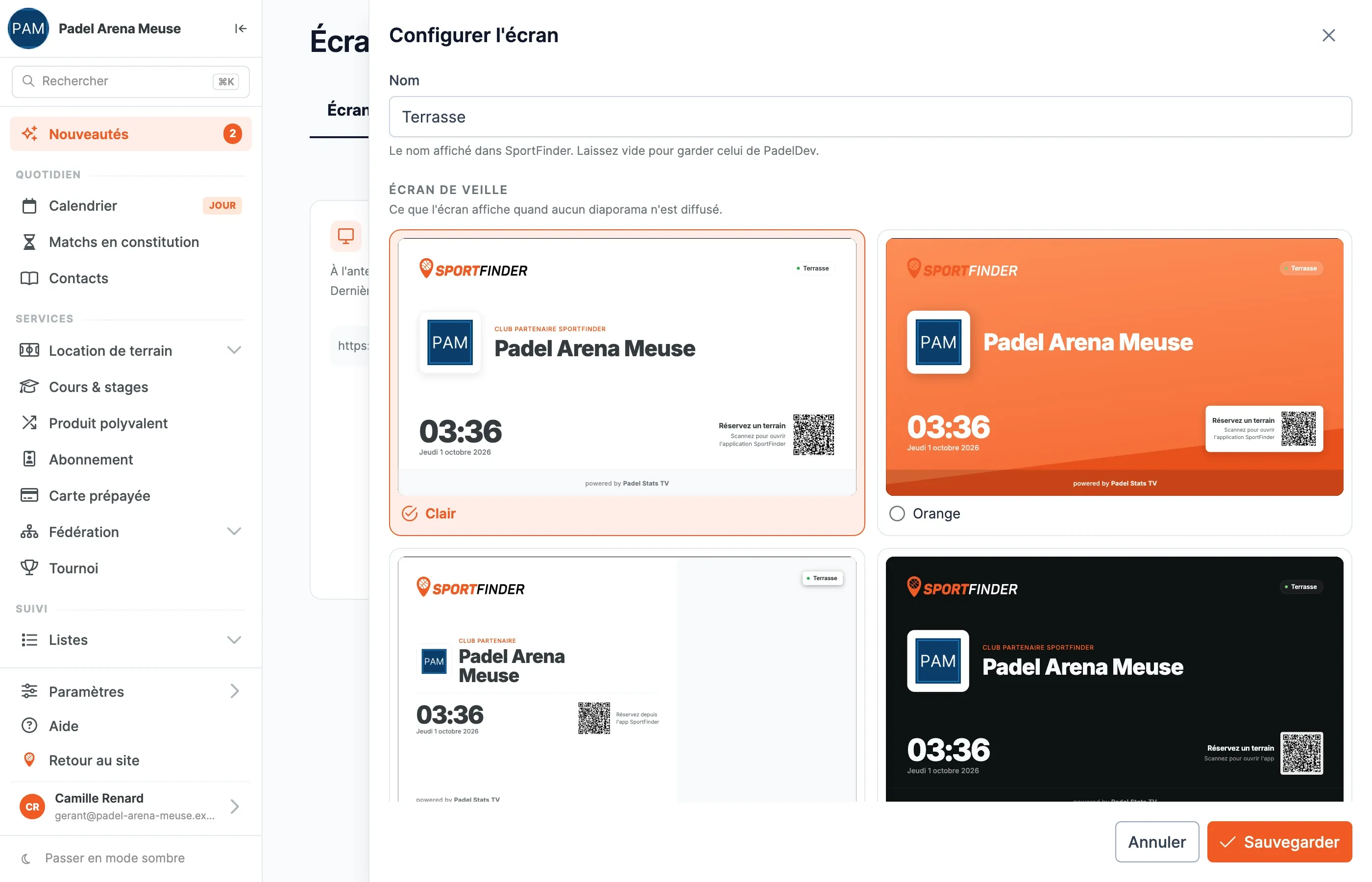Le panneau Configurer l'écran : le champ Nom et les quatre designs d'écran de veille Clair, Orange, Photo et Mode nuit