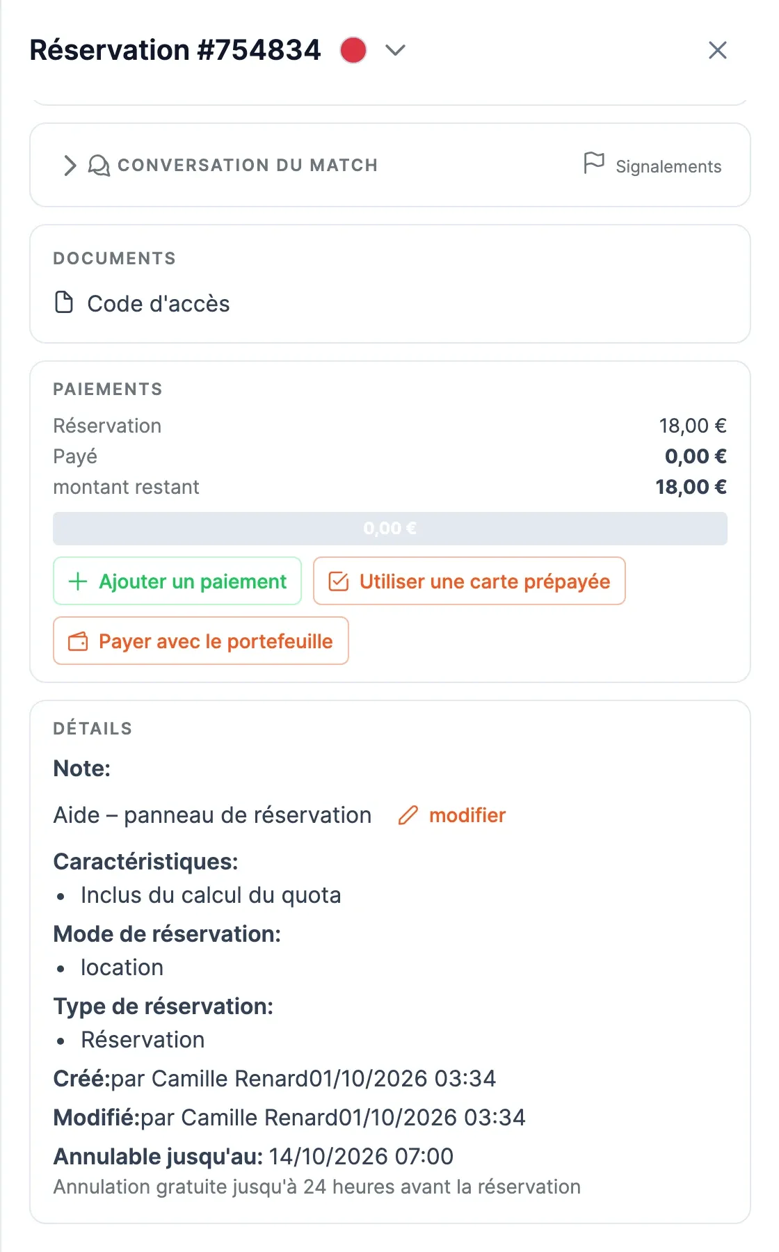 Bloc Détails du panneau : quota, mode de réservation, type de réservation