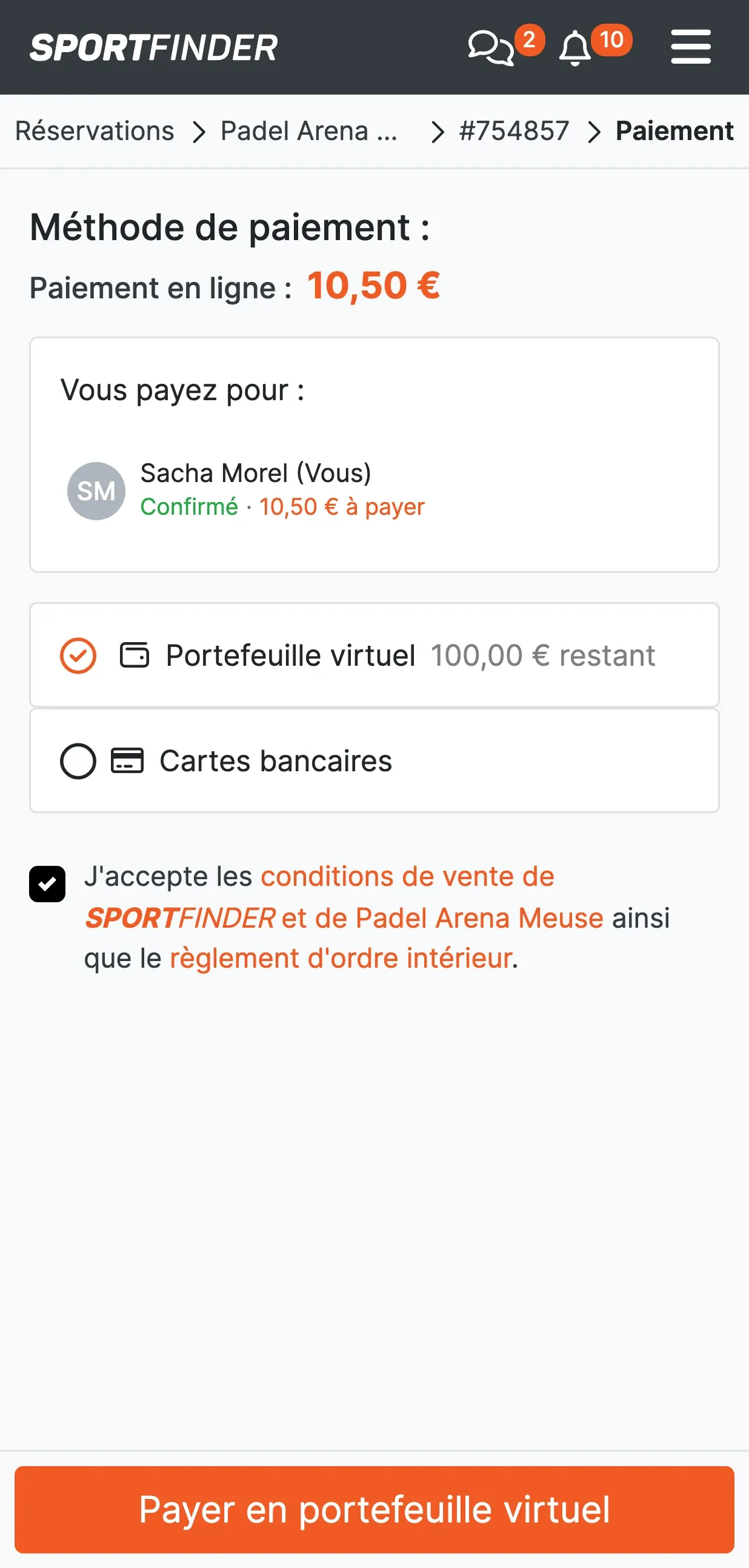 Écran « Méthode de paiement » : paiement en ligne de 10,50 €, « Vous payez pour Sacha Morel (Vous) », option « Portefeuille virtuel — 100,00 € restant » sélectionnée, option « Cartes bancaires », case des conditions cochée et bouton « Payer en portefeuille virtuel ».