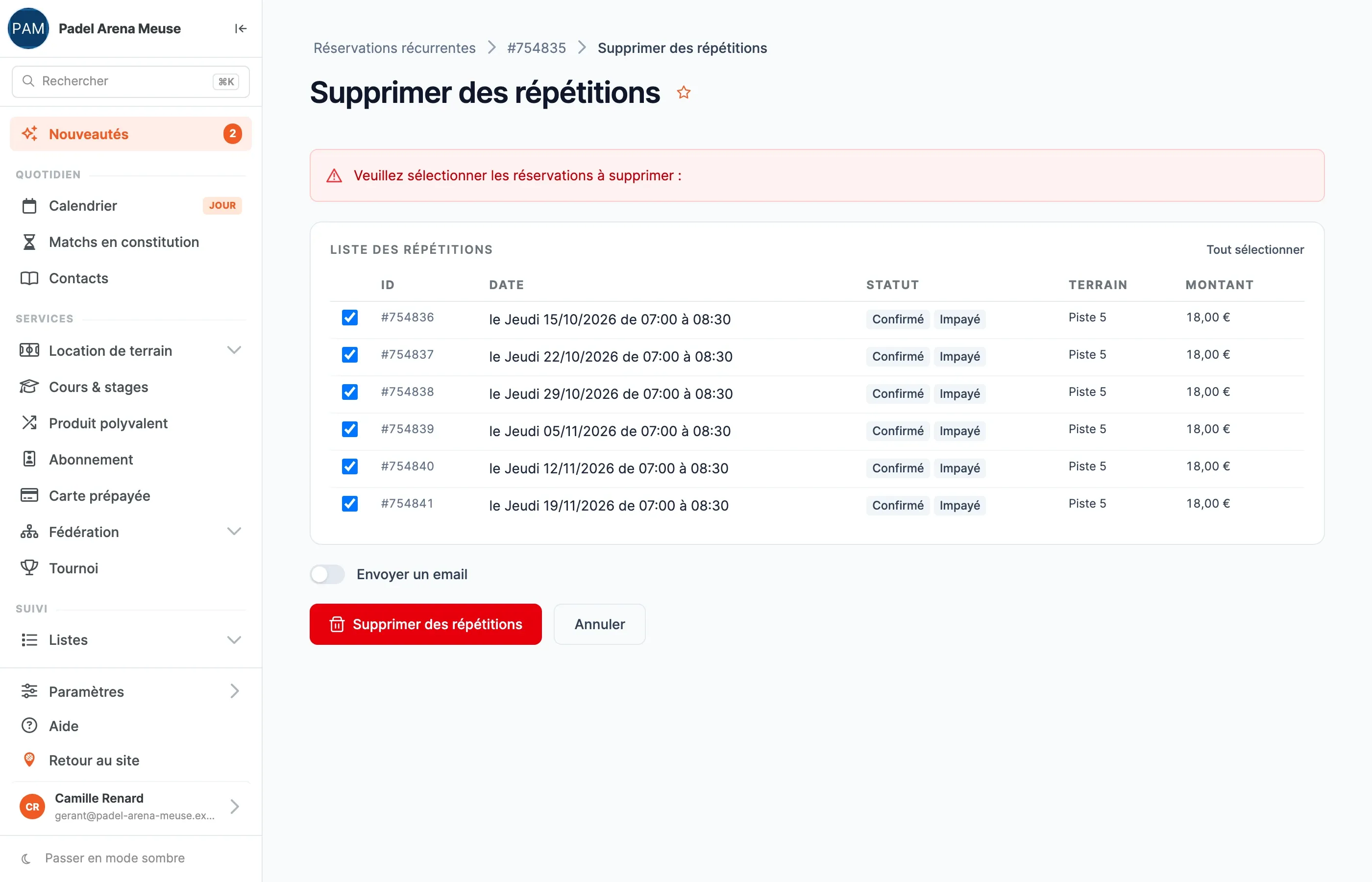 Page Supprimer des répétitions : toutes les répétitions à venir sont cochées, bouton rouge Supprimer des répétitions