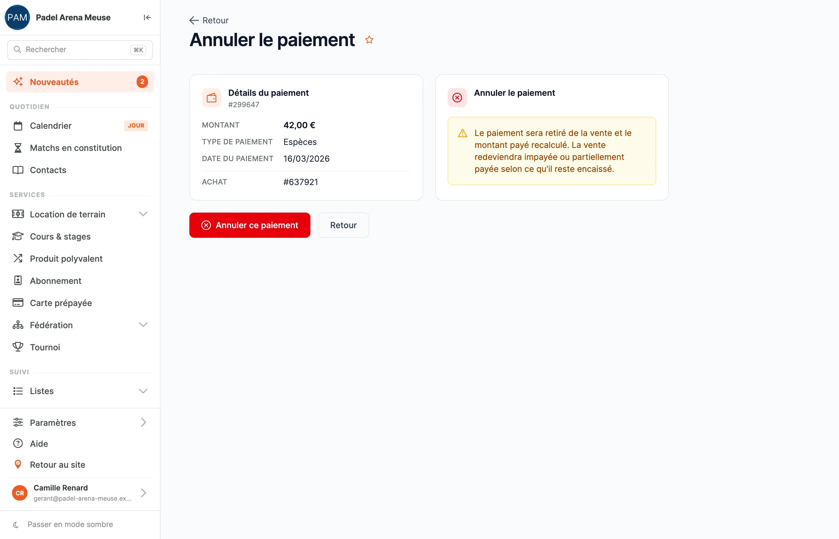 Page « Annuler le paiement » : explication et bouton « Annuler ce paiement »