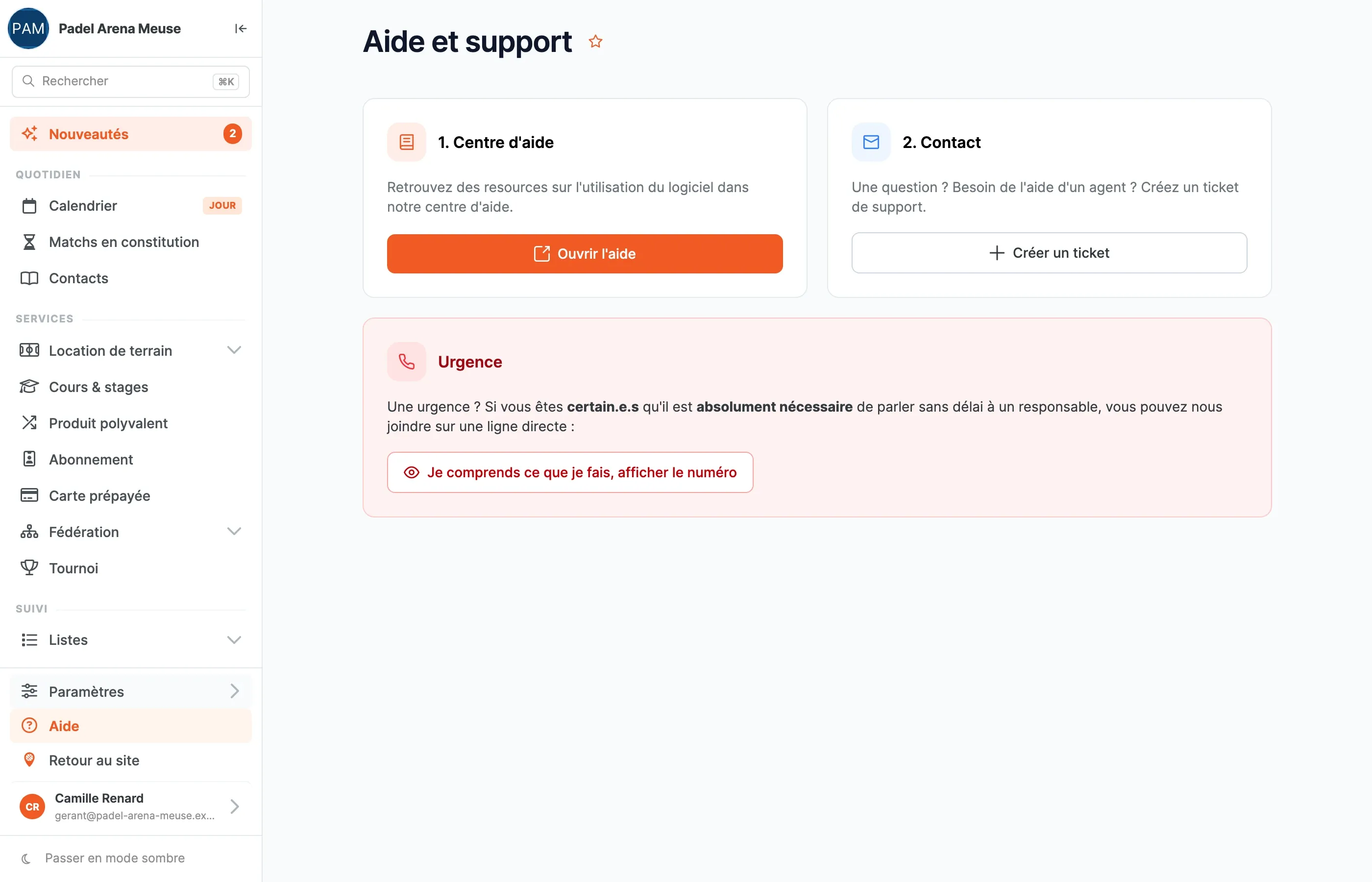 Page Aide et support : les cartes Centre d'aide et Contact, puis l'encart Urgence
