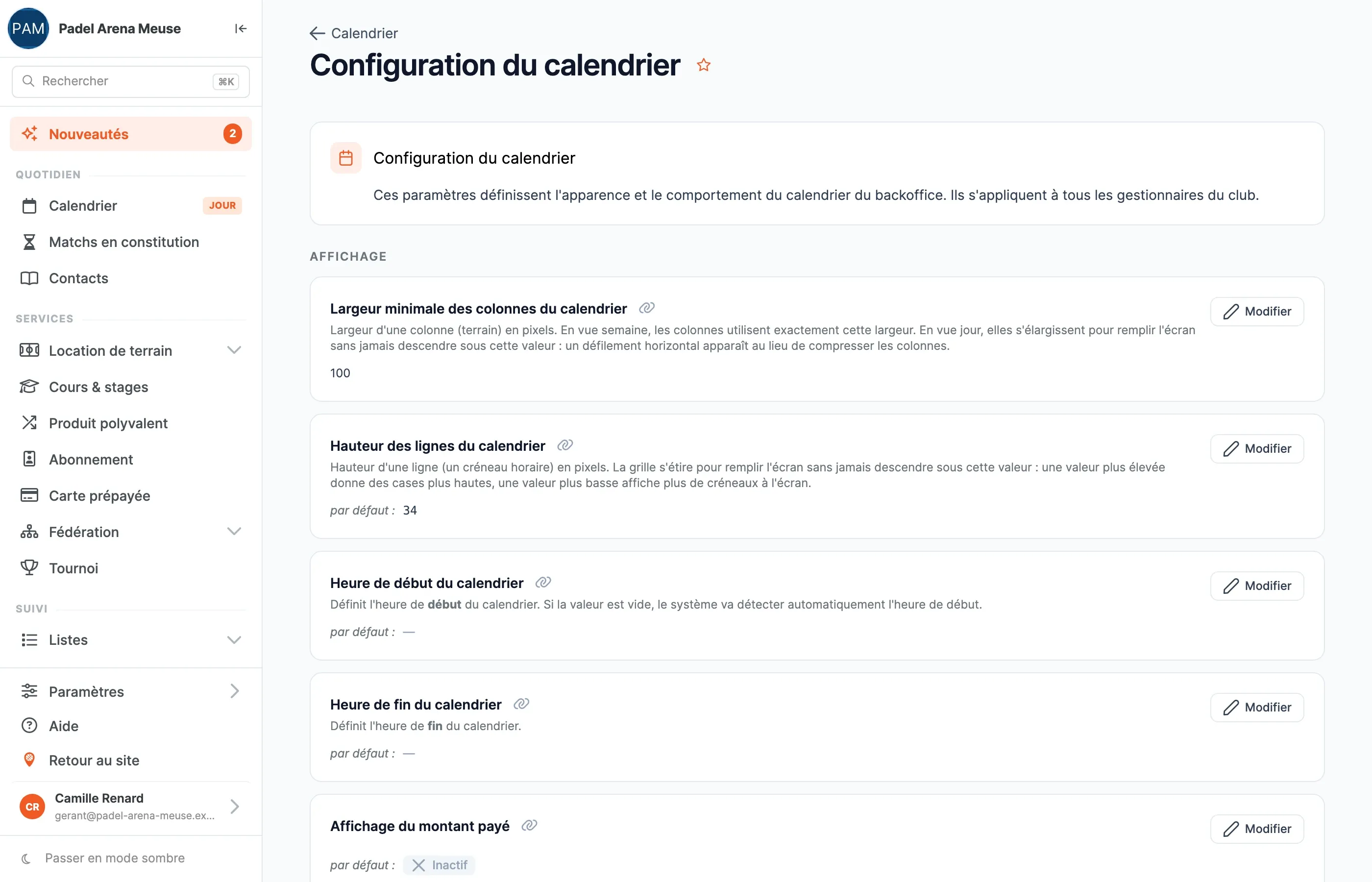 Page Configuration du calendrier, section Affichage : largeur minimale des colonnes, hauteur des lignes, heures de début et de fin, affichage du montant payé