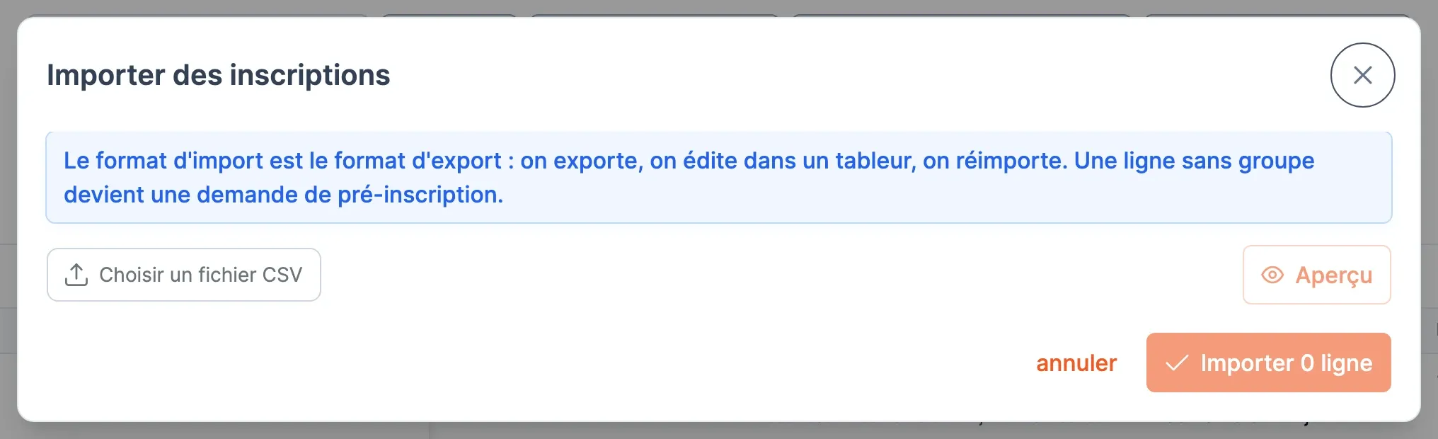 La fenêtre Importer des inscriptions : Choisir un fichier CSV, Aperçu, et le bouton Importer, grisé tant qu’aucun fichier n’est lu