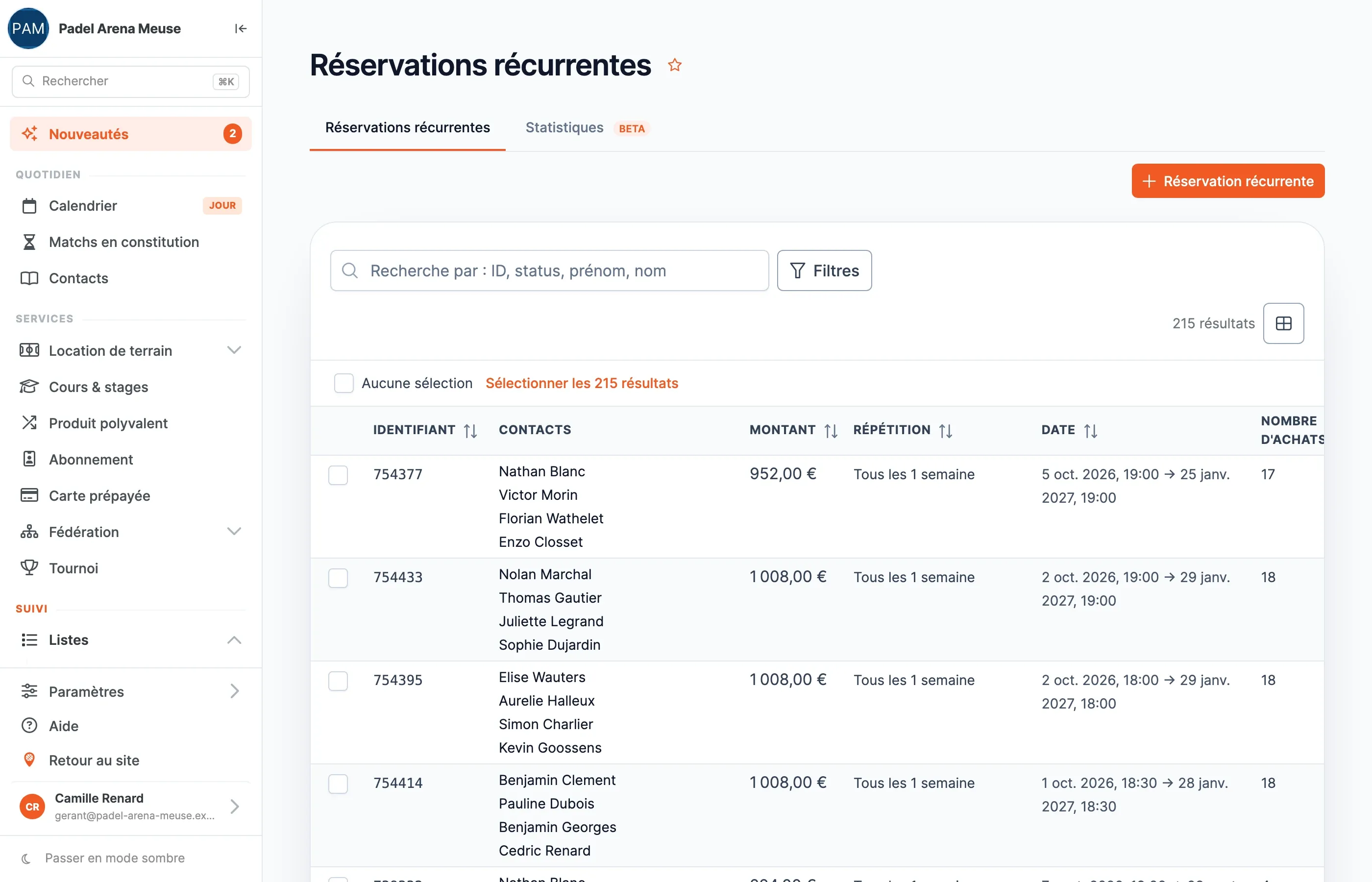 Liste des réservations récurrentes du club