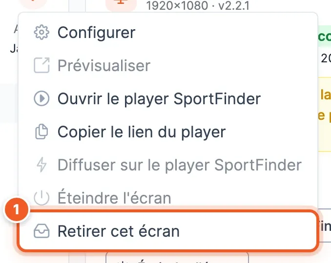 Le menu d'options d'un écran, avec Retirer cet écran numéroté 1