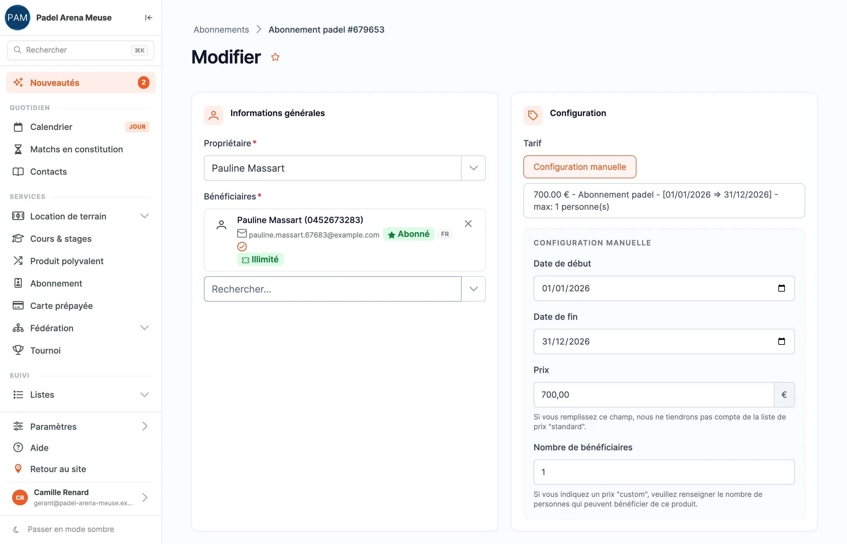 Page « Modifier » de l'abonnement d'un membre : propriétaire, bénéficiaires, choix du tarif, puis la configuration manuelle avec les dates de début et de fin, le prix (700,00 €) et le nombre de bénéficiaires.
