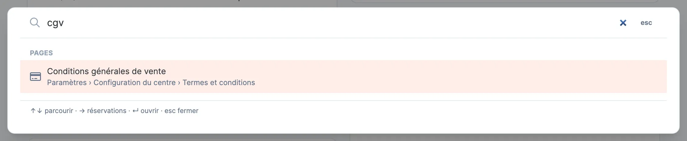 Recherche « cgv » : la page Conditions générales de vente, sous Paramètres › Configuration du centre › Termes et conditions