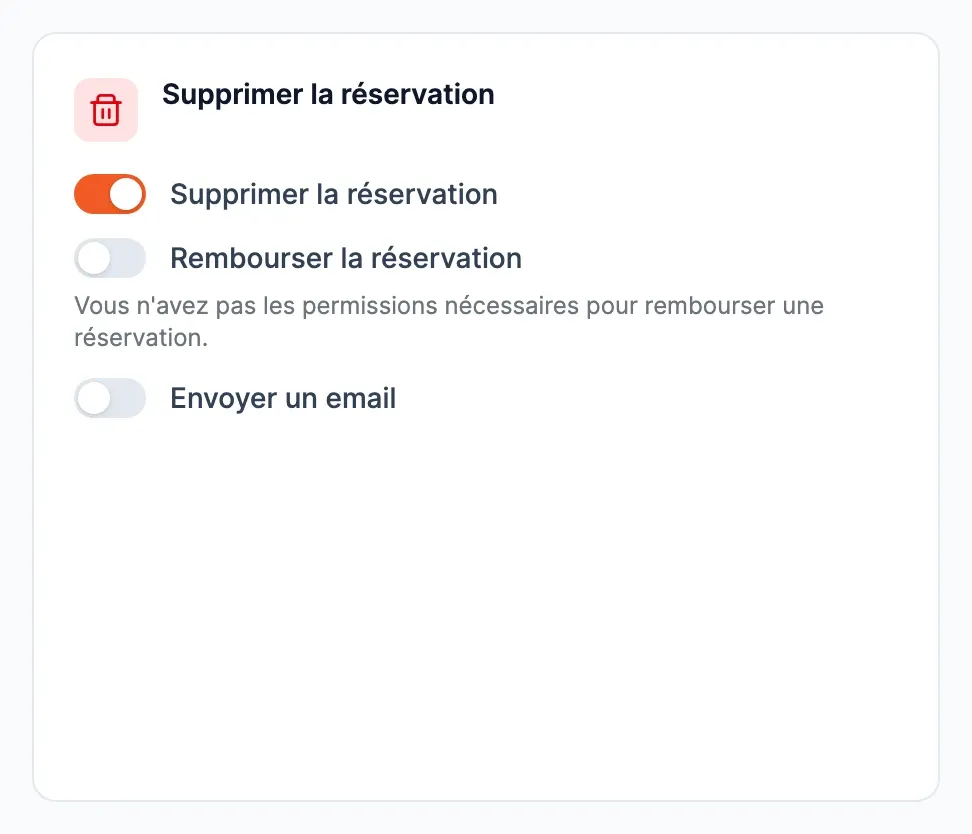 Page « Supprimer la réservation » vue par un Gestionnaire des réservations : l'interrupteur « Rembourser la réservation » ne peut pas être activé