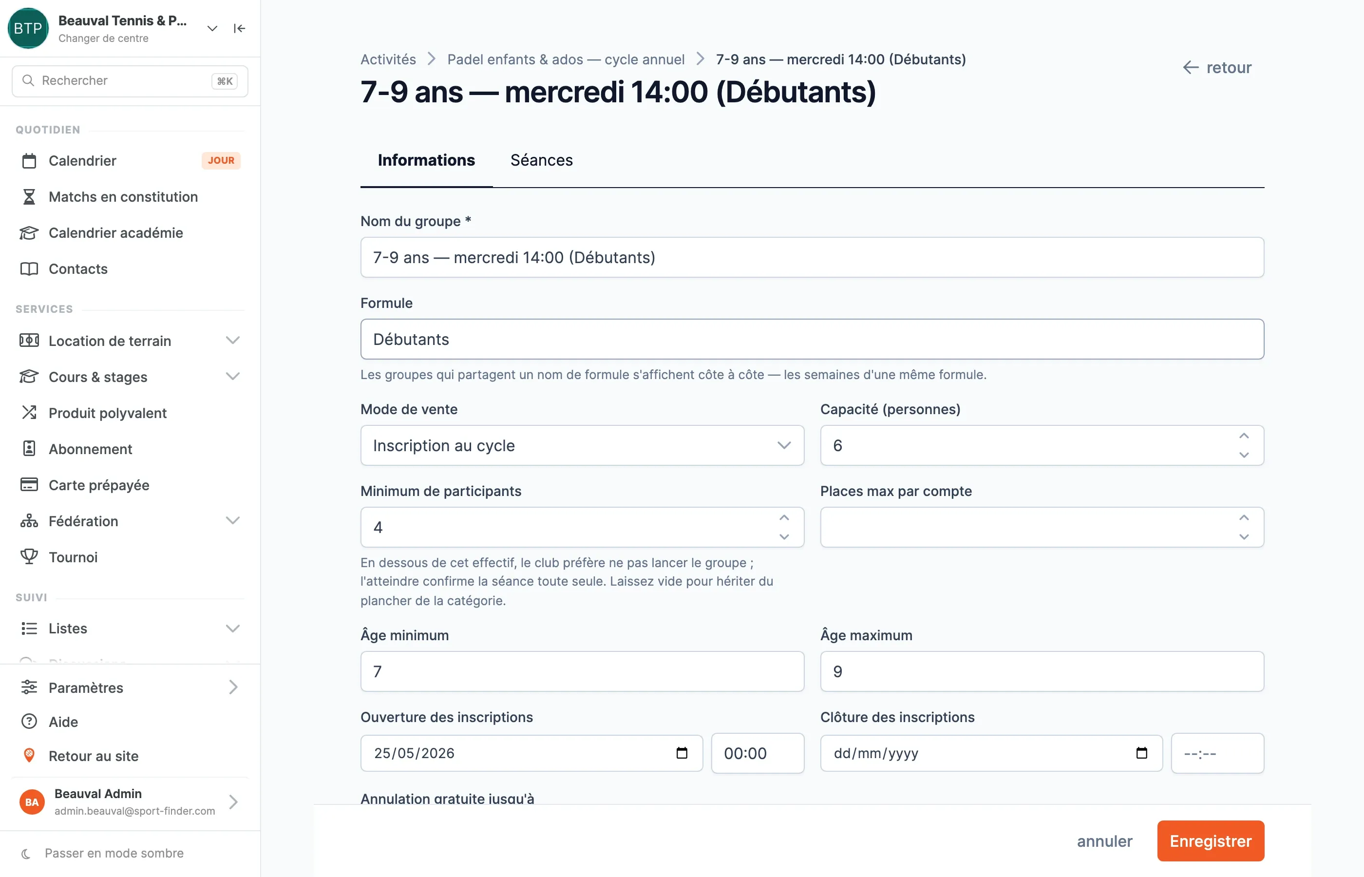 Le formulaire d’un groupe, onglet Informations