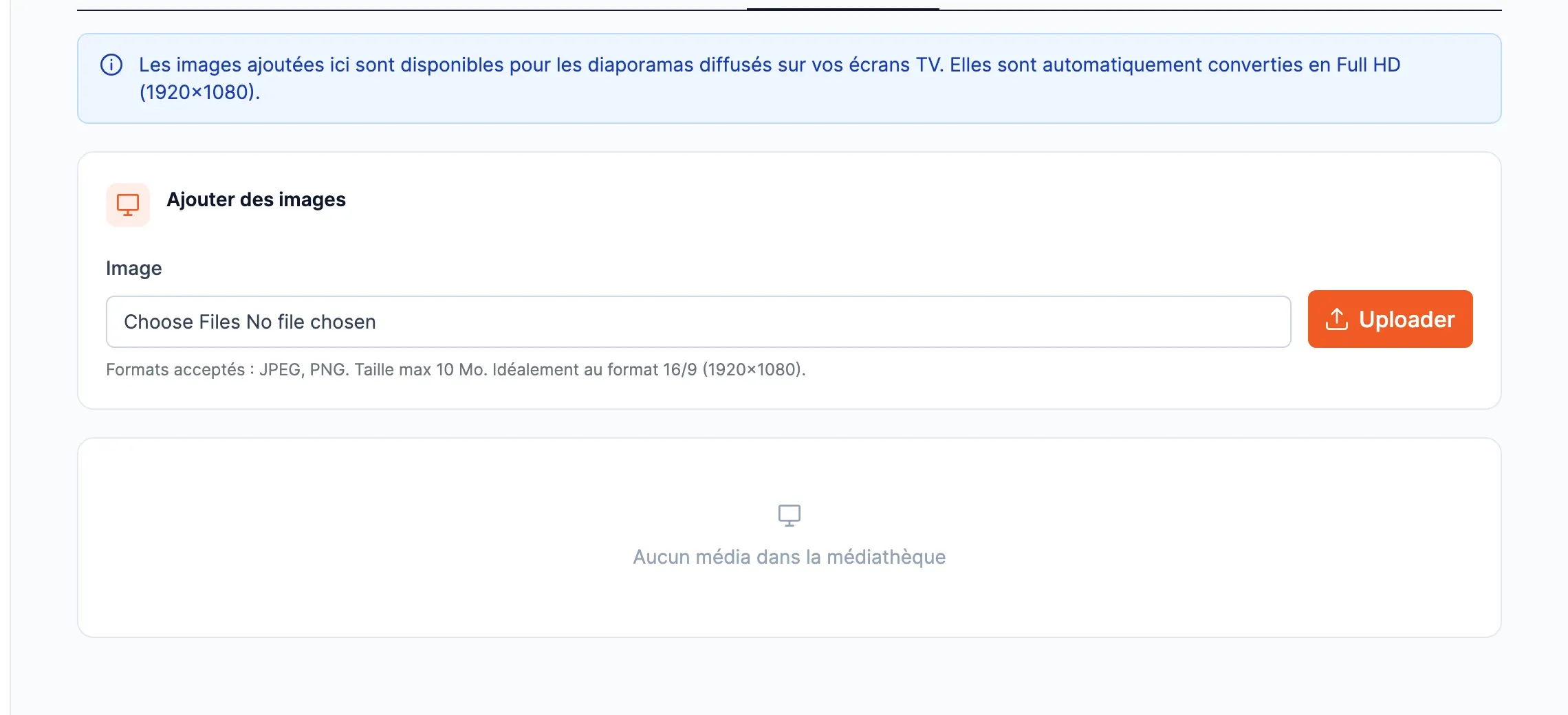 La page Médiathèque TV : le message sur la conversion en Full HD, le bloc Ajouter des images avec le bouton Uploader, et la liste des médias