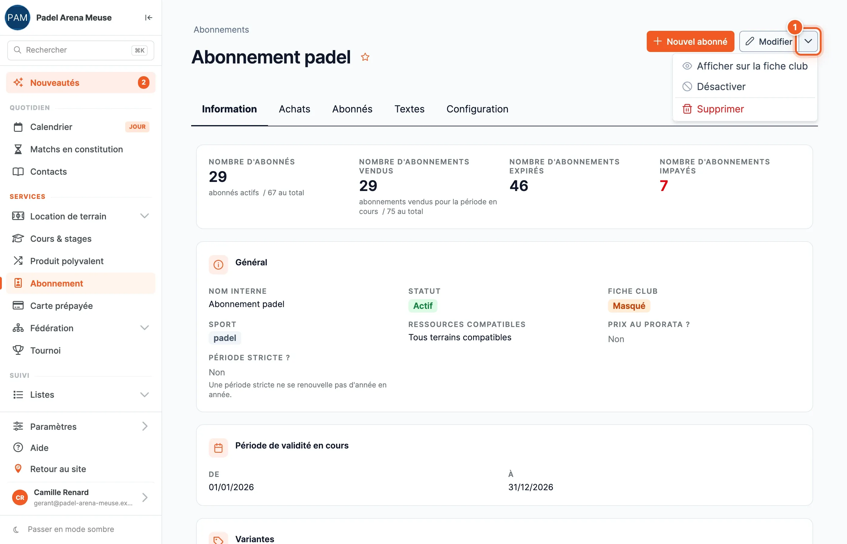 En-tête de la fiche « Abonnement padel » : le menu à côté de « Modifier » est ouvert et propose « Afficher sur la fiche club », « Désactiver » et « Supprimer ».