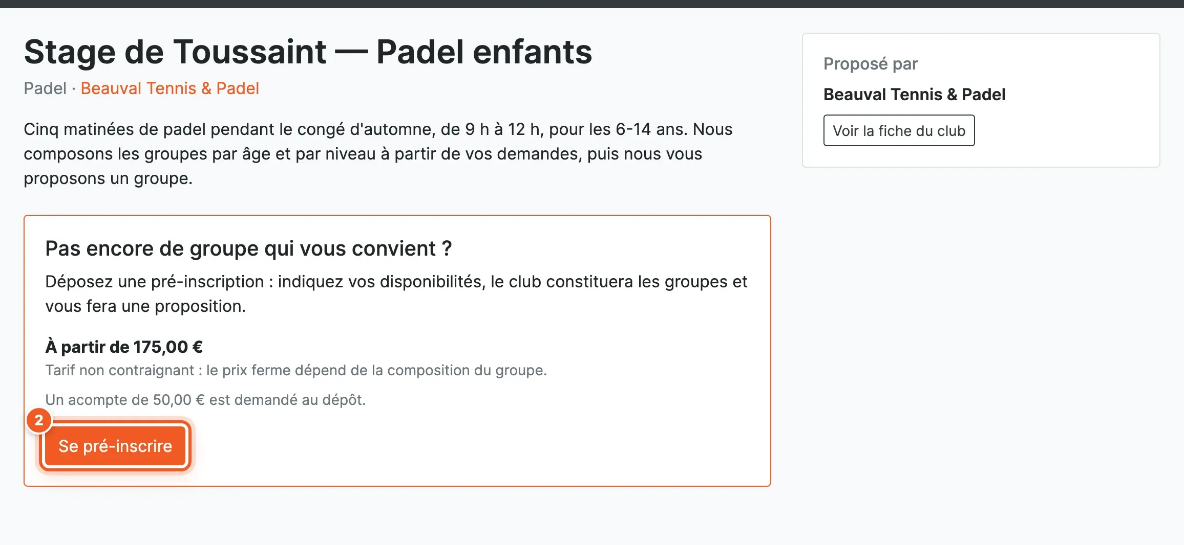 La fiche publique du stage : description, prix à partir de 175 €, acompte de 50 € et bouton Se pré-inscrire
