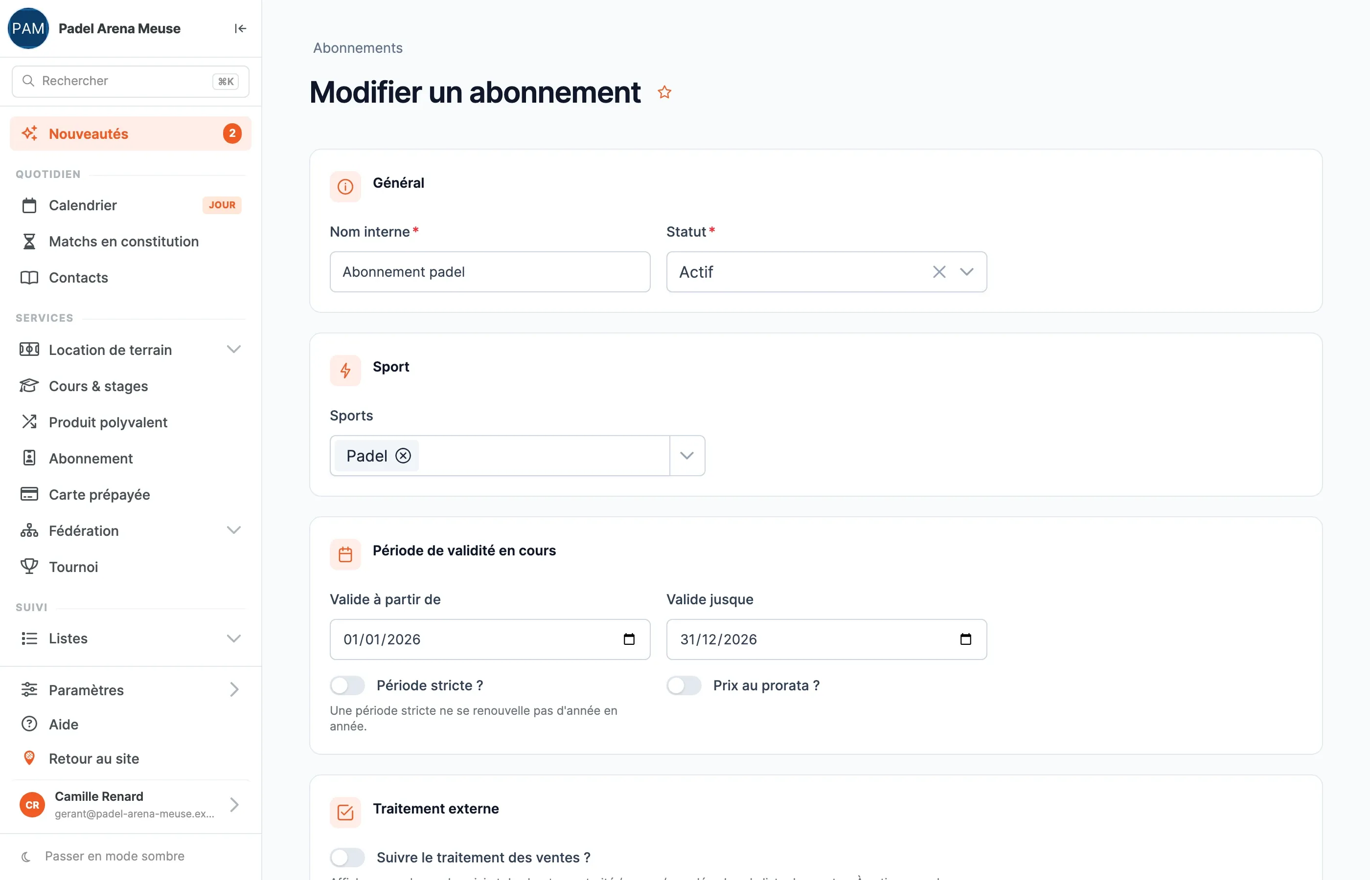 Formulaire « Modifier un abonnement » : blocs Général (Nom interne, Statut), Sport, Période de validité en cours (Valide à partir de, Valide jusque, Période stricte) et Traitement externe.