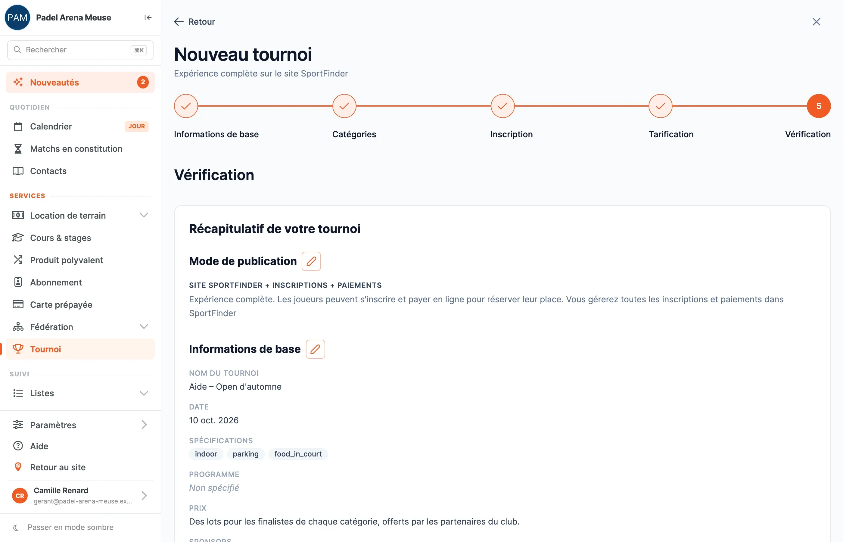L'étape Vérification : le récapitulatif commence par le mode de publication et les informations de base, chaque bloc avec son crayon
