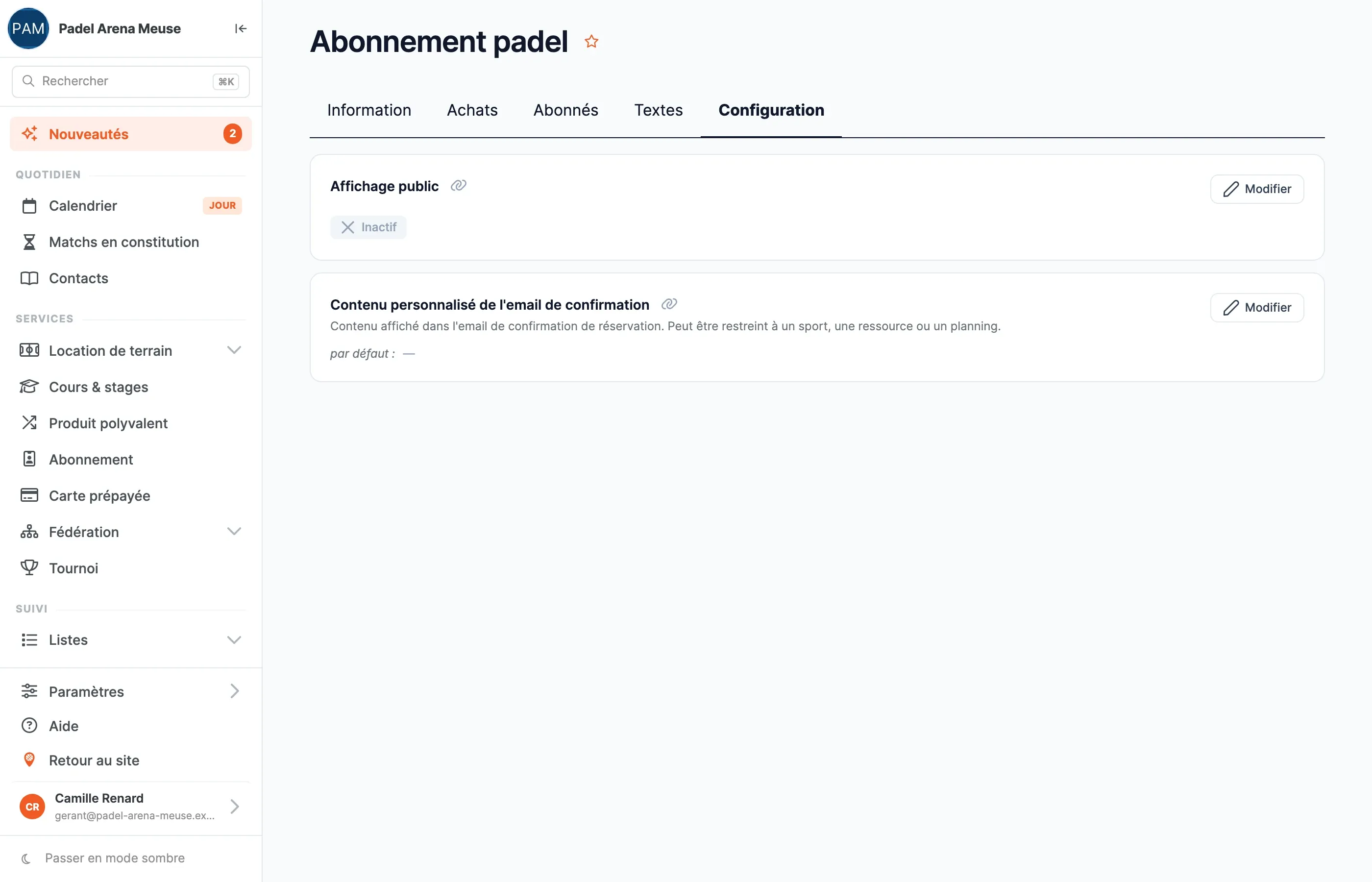 Onglet Configuration du type d'abonnement : la carte « Affichage public » (Inactif) et la carte « Contenu personnalisé de l'email de confirmation », chacune avec son bouton Modifier.