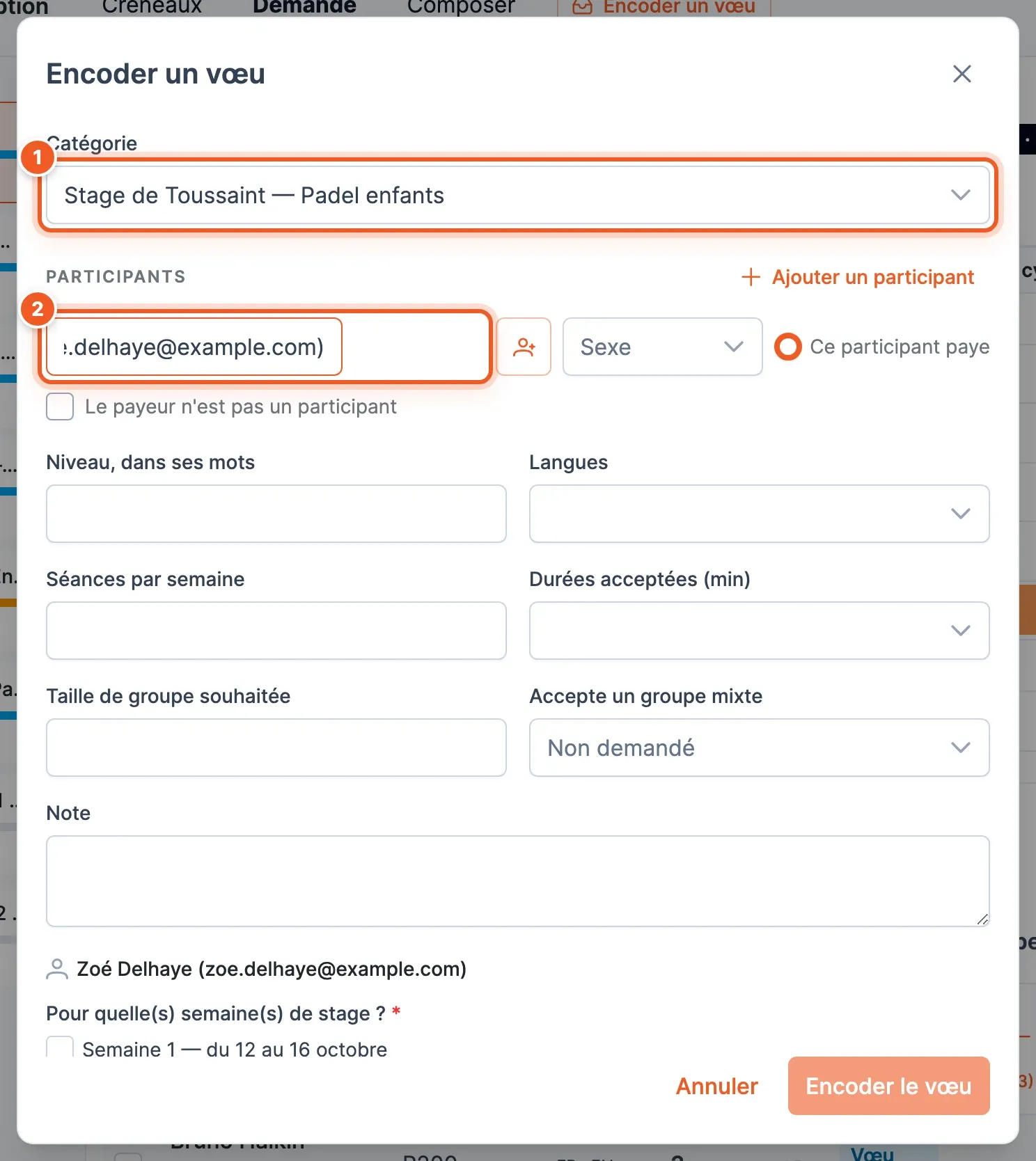 La fenêtre Encoder un vœu : la catégorie et le participant surlignés, puis les questions du club