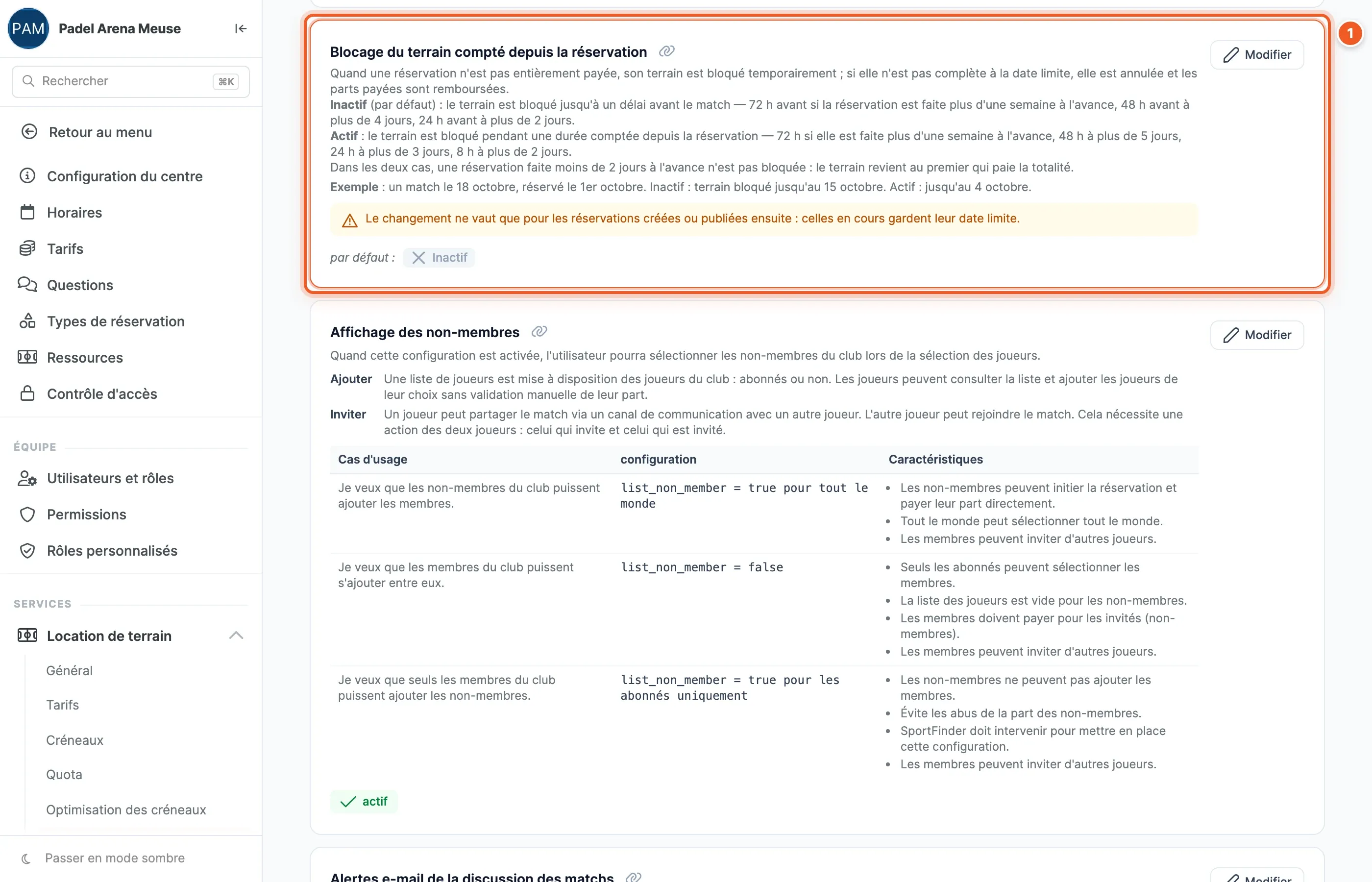 Page Location de terrain › Avancé ouverte sur la carte « Blocage du terrain compté depuis la réservation », encadrée