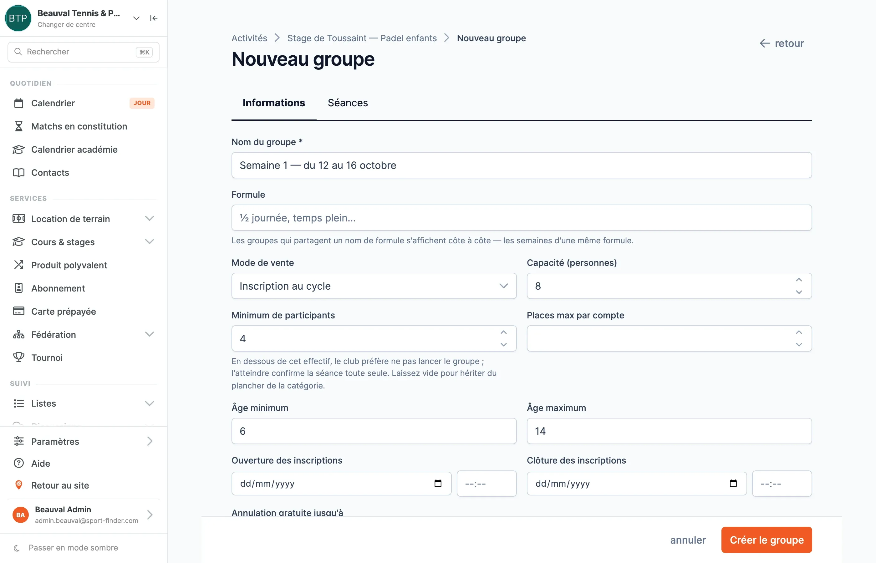 Le formulaire Nouveau groupe, onglet Informations : nom, capacité de 8, minimum de 4, âges 6 à 14