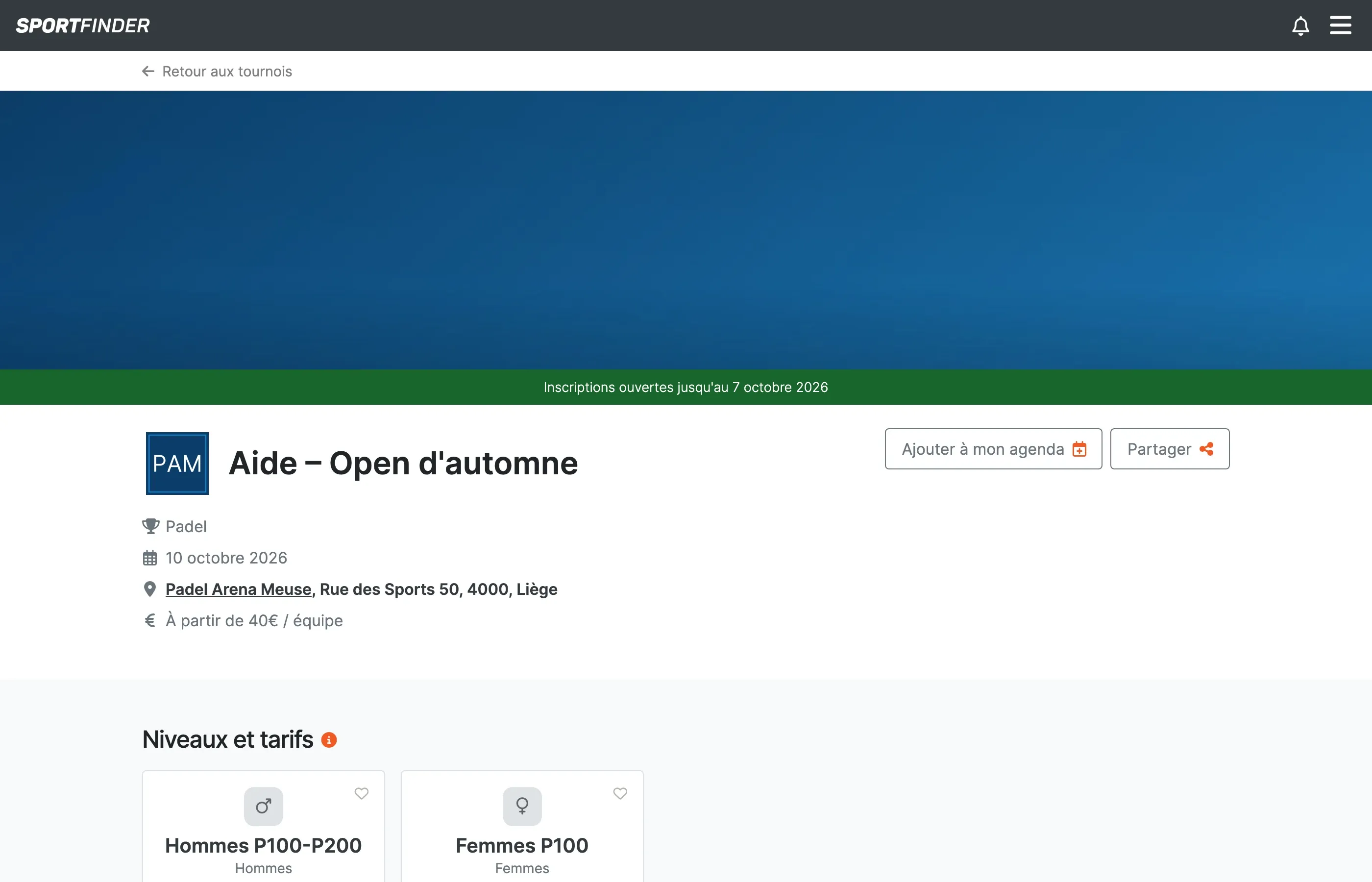 La fiche publique du tournoi « Aide – Open d'automne » : le bandeau « Inscriptions ouvertes jusqu'au 7 octobre 2026 », la date, l'adresse du club et le prix à partir de 40 € par équipe