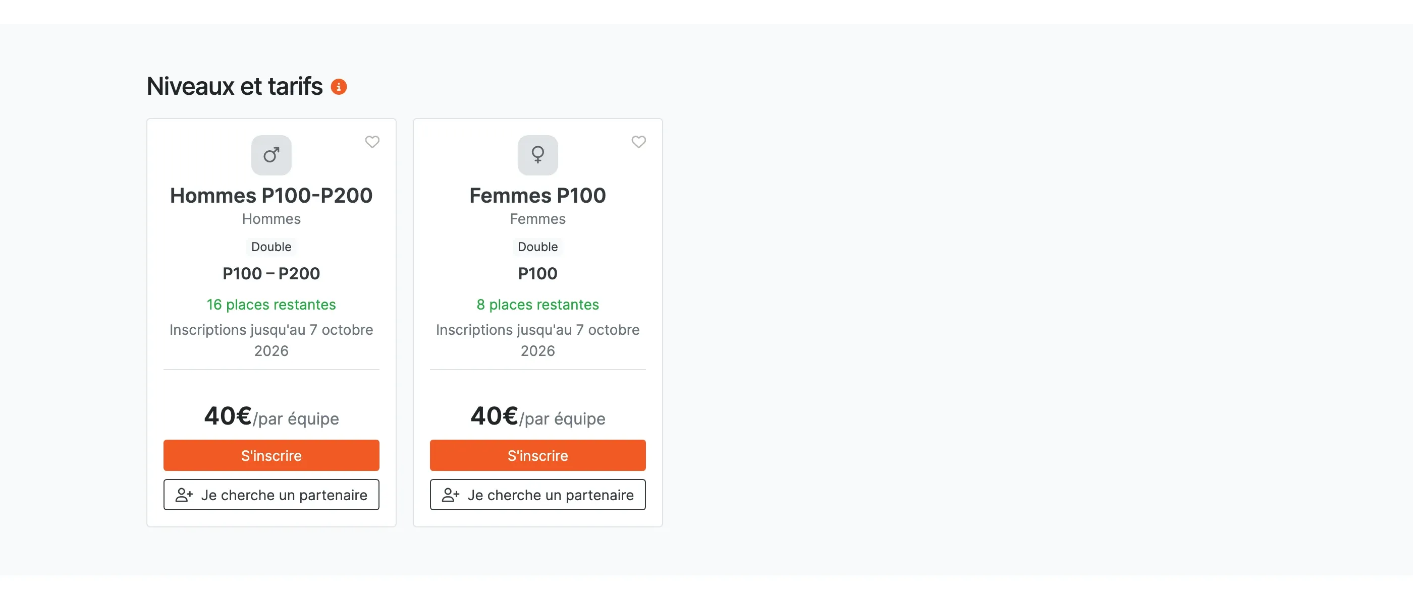 La section Niveaux et tarifs de la fiche publique : une carte par catégorie avec son niveau, ses places restantes, le prix par équipe et les boutons S'inscrire et Je cherche un partenaire