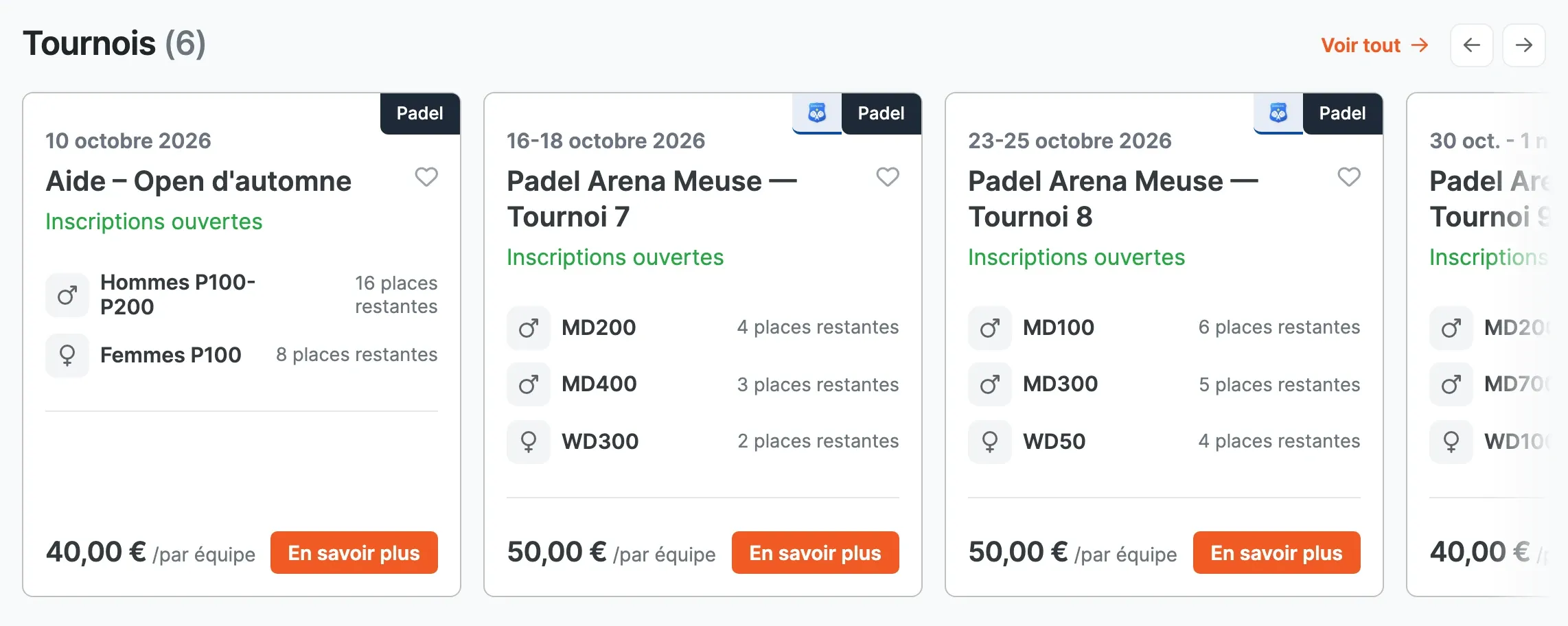 La section Tournois de la page publique d'un club : le tournoi « Aide – Open d'automne » avec ses catégories, les places restantes et le prix par équipe