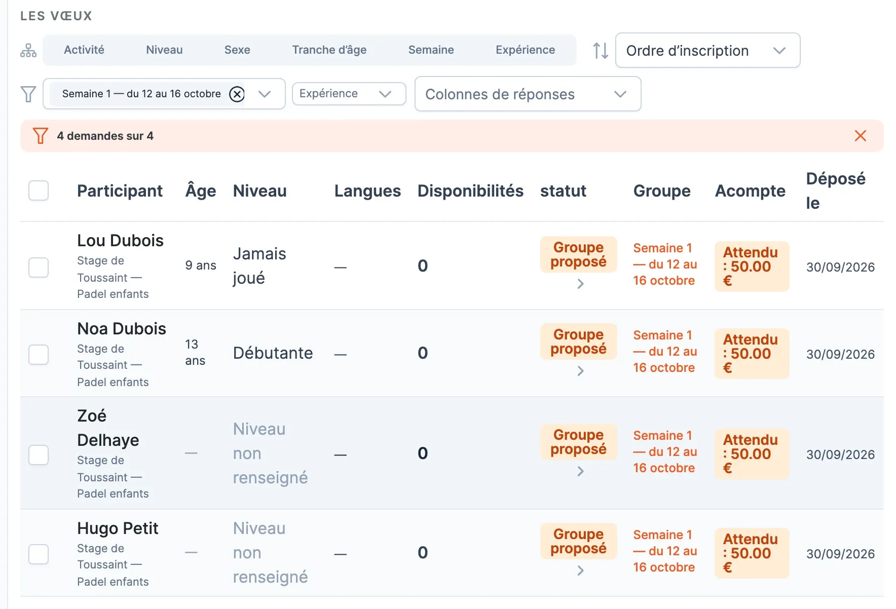 La liste des demandes après l’envoi : chaque ligne porte le statut Groupe proposé et le nom du groupe