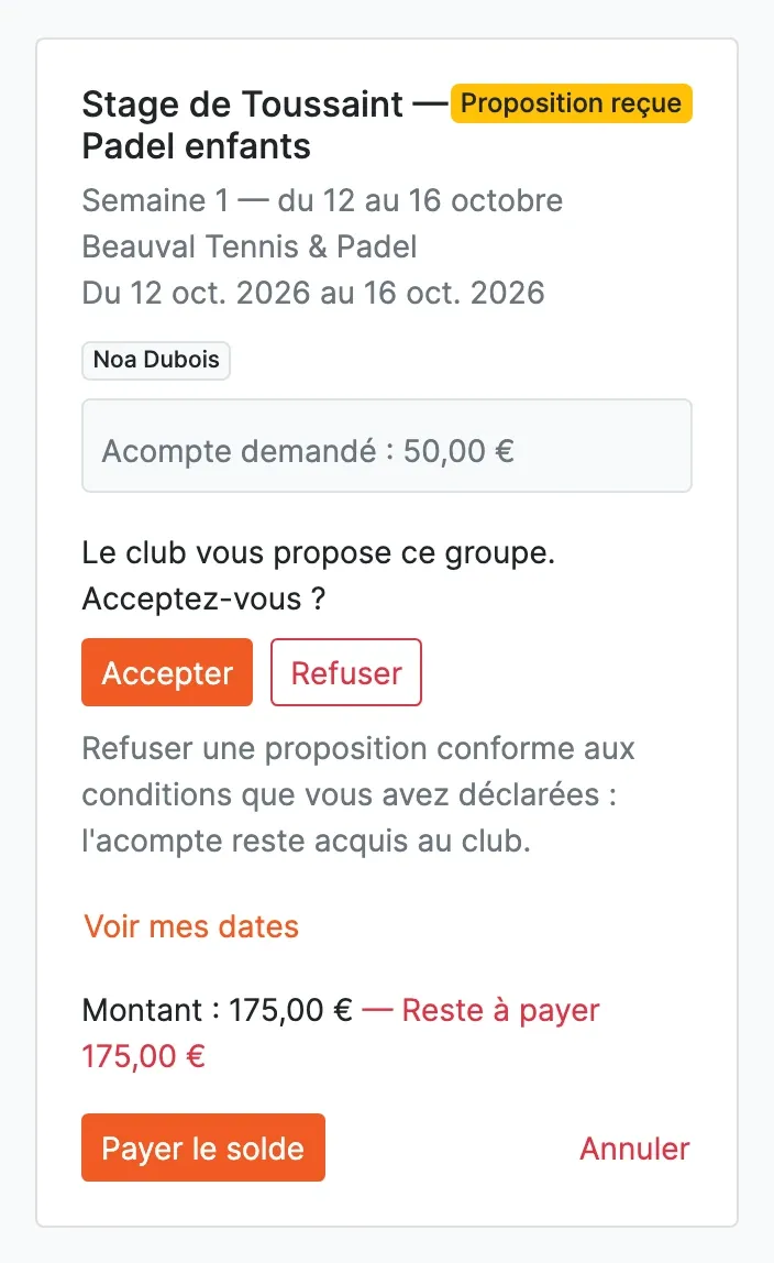 La carte de la proposition dans l’espace de la famille, avec les boutons Accepter et Refuser